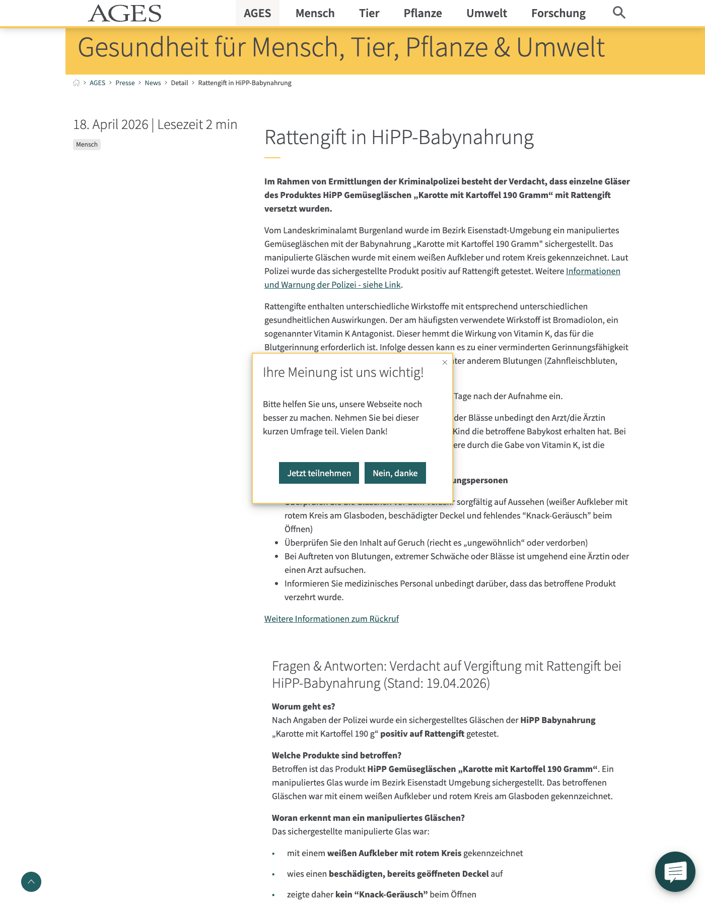 Austria's AGES Warns Parents: Jars of HiPP Carrot-and-Potato Baby Food Tampered With Bromadiolone Rat Poison in Suspected Extortion