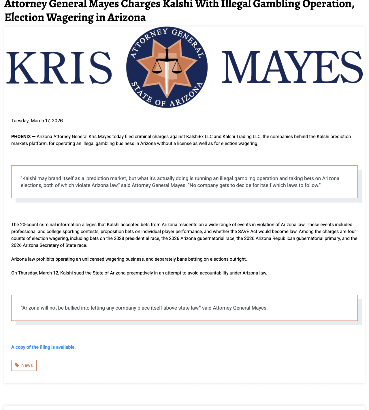 Federal Judge Halts Arizona's Criminal Case Against Prediction Market Kalshi