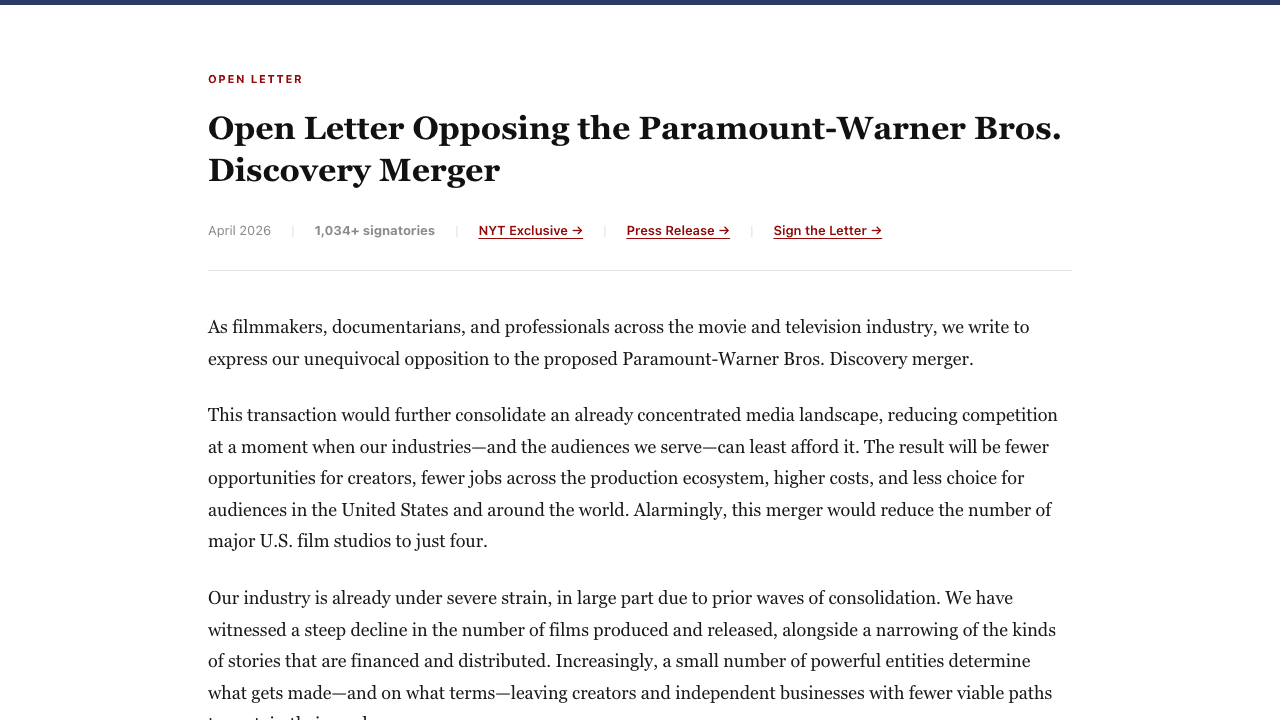 1,034 Hollywood Professionals Sign Open Letter to Block the $111 Billion Paramount-Warner Merger