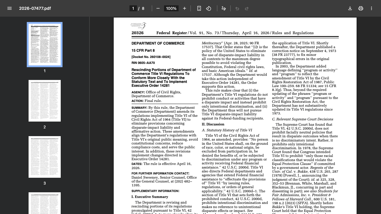 Commerce Department Strips Disparate-Impact Protections from All Its Grant Programs, Effective Immediately
