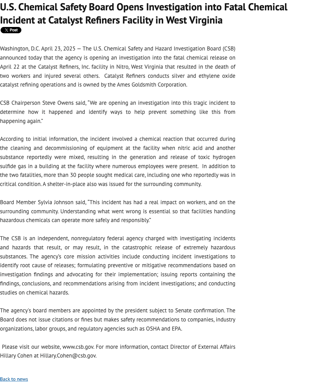 CSB Opens Investigation After Hydrogen Sulfide Release Kills Two at Kanawha Valley Silver Refinery Weeks Before Scheduled Closure