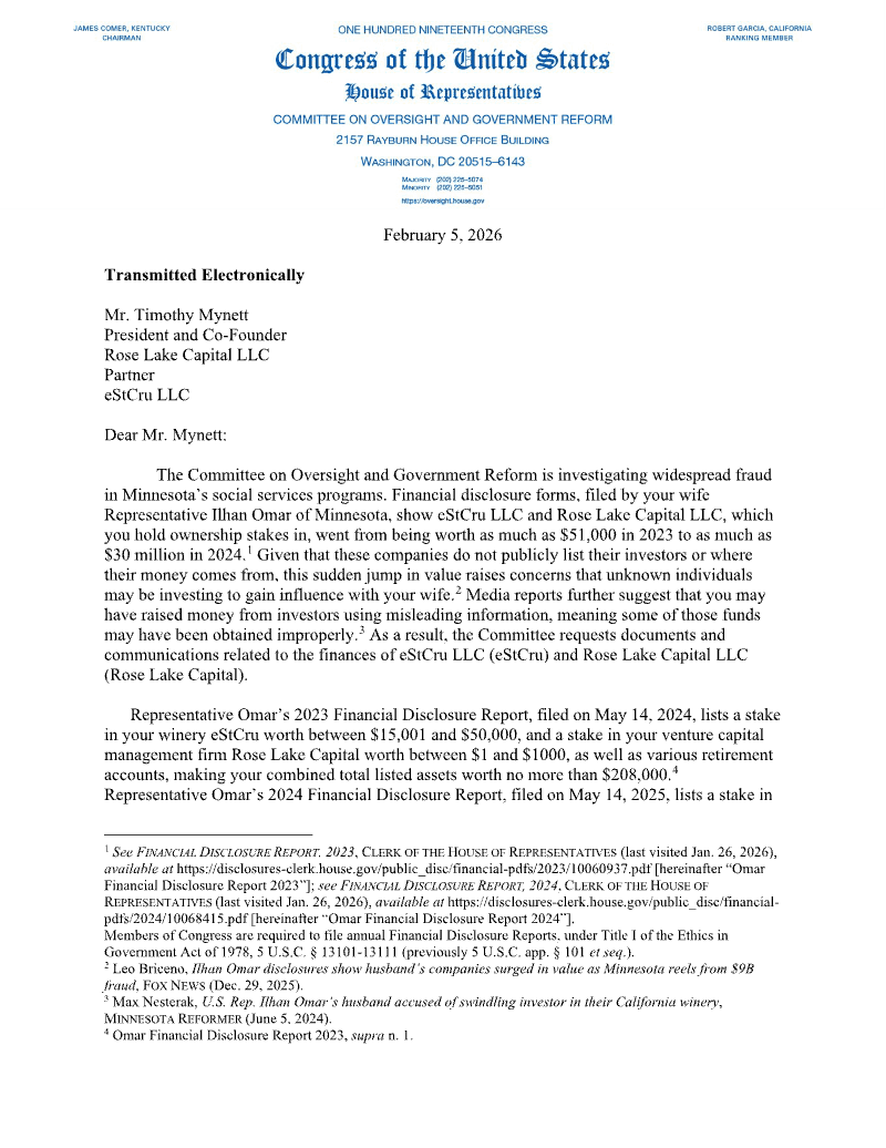 House Oversight Letter to Timothy Mynett