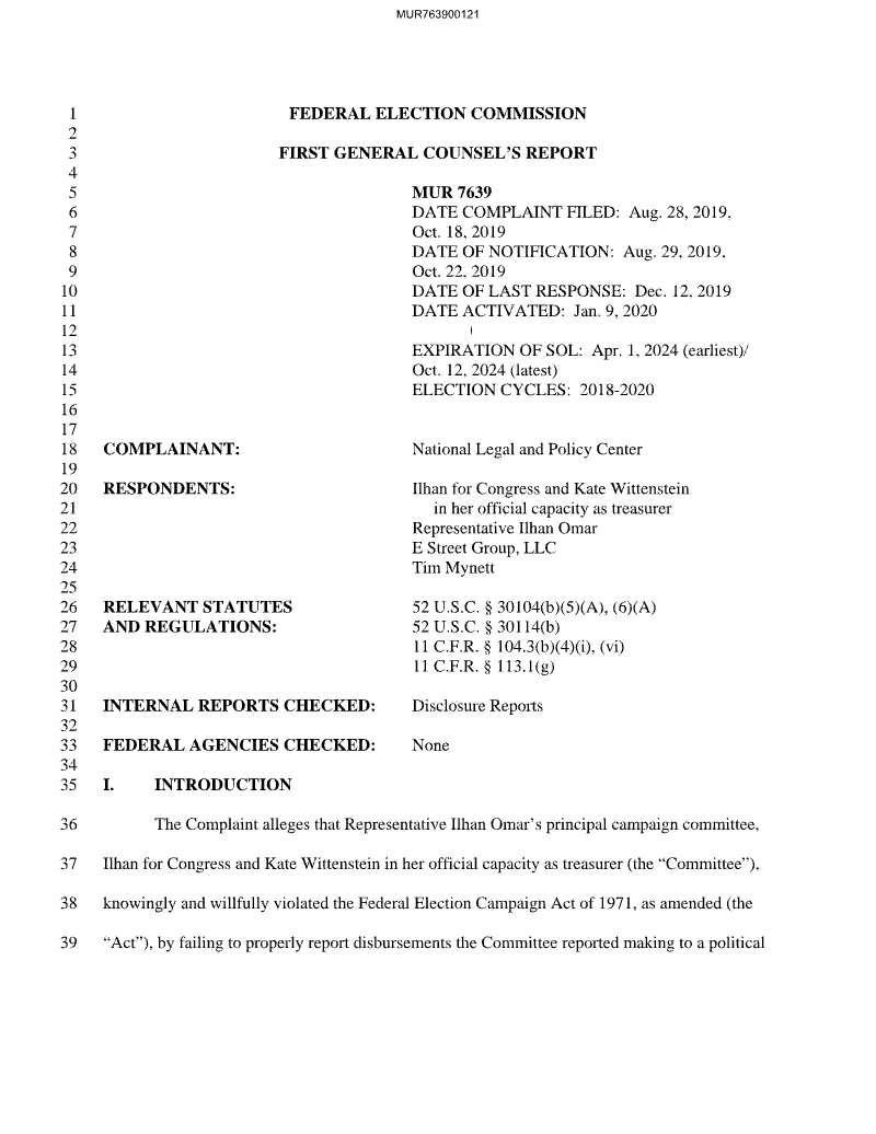 FEC MUR 7639 — First General Counsel's Report