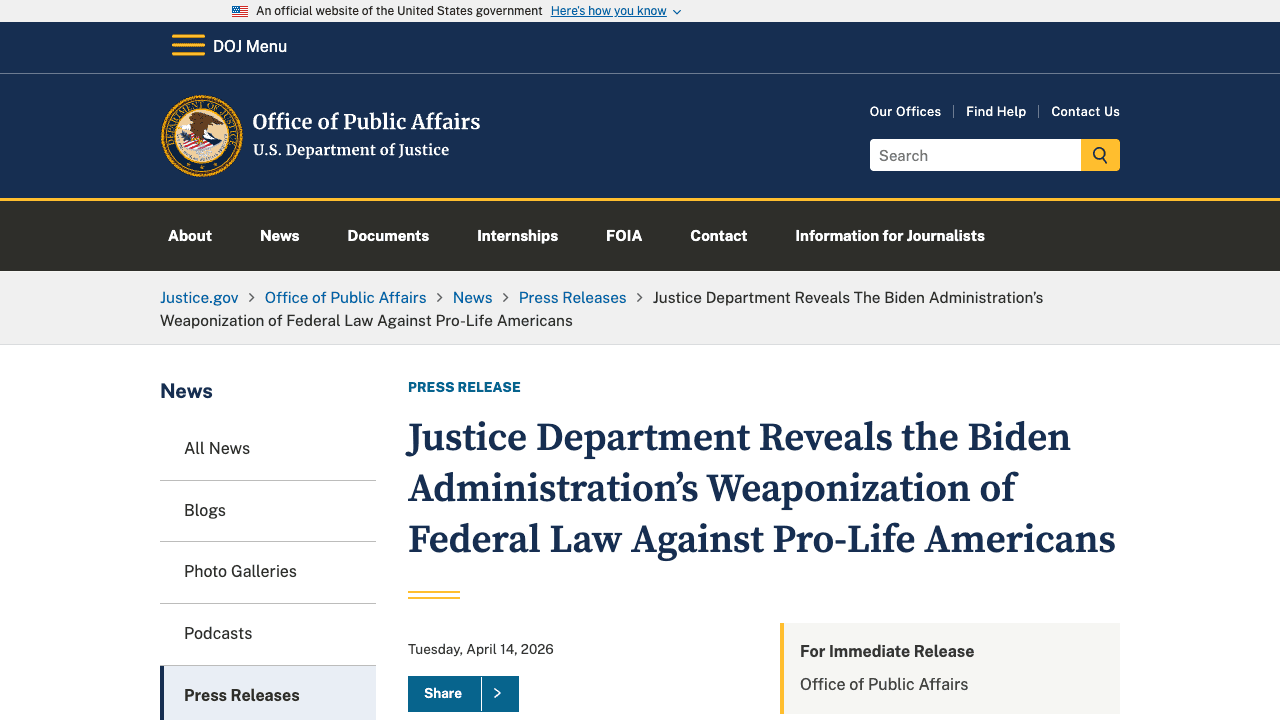 DOJ Report: Biden Administration Sought Double the Prison Time for Pro-Life vs. Pro-Choice FACE Act Defendants