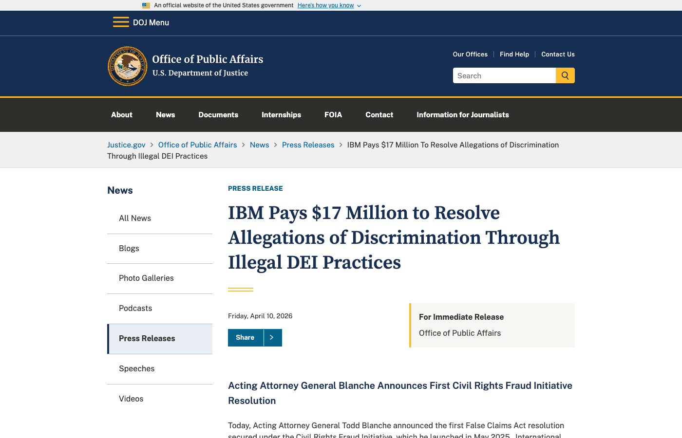 IBM Pays $17M to DOJ to Settle First-Ever Civil Rights Fraud Initiative Case, Targeting Diversity Modifiers and 'Diverse Interview Slates'