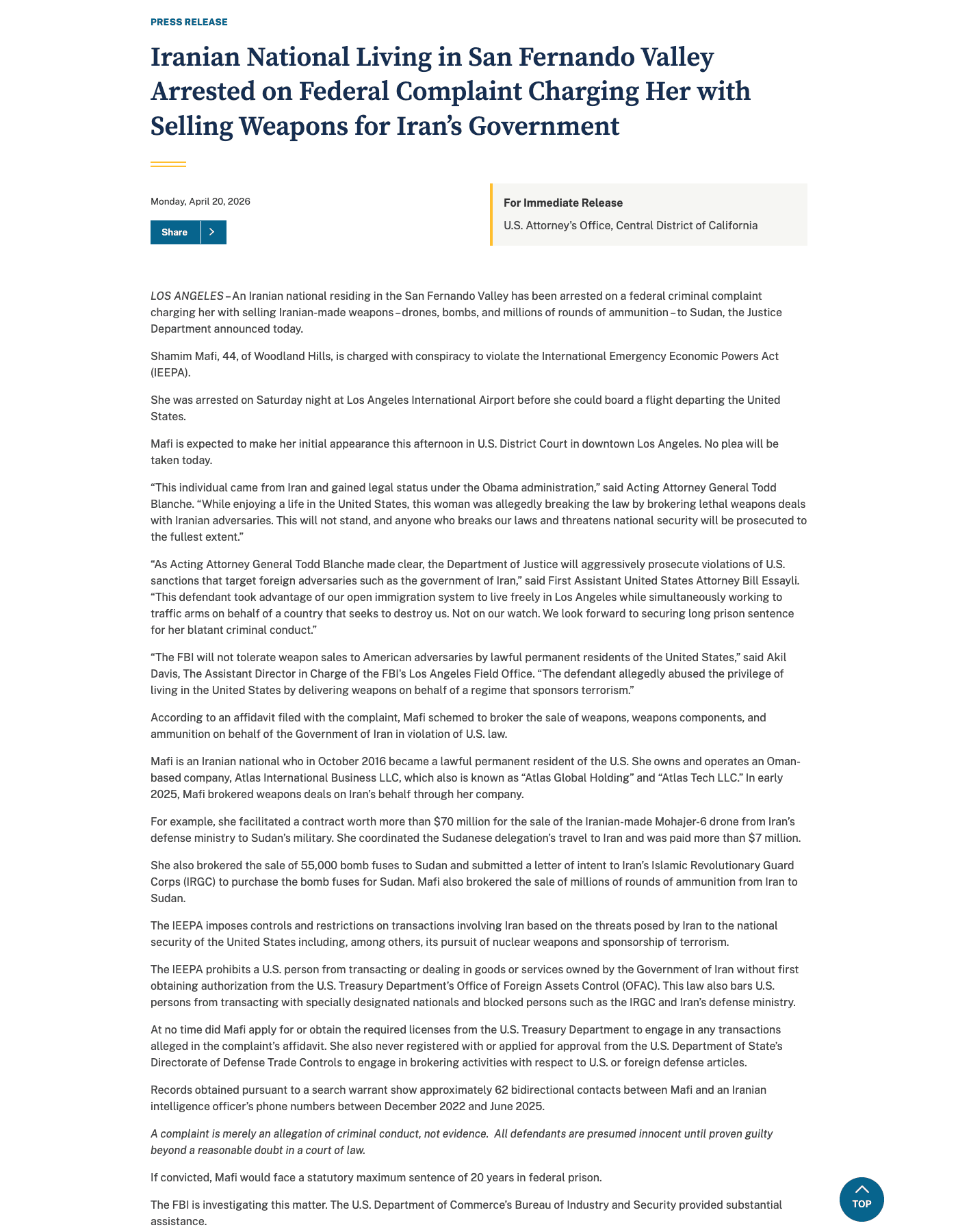 DOJ: Woodland Hills Woman Brokered $70M Iranian Drone Sale to Sudan, Arrested at LAX With Iranian Intelligence Ties