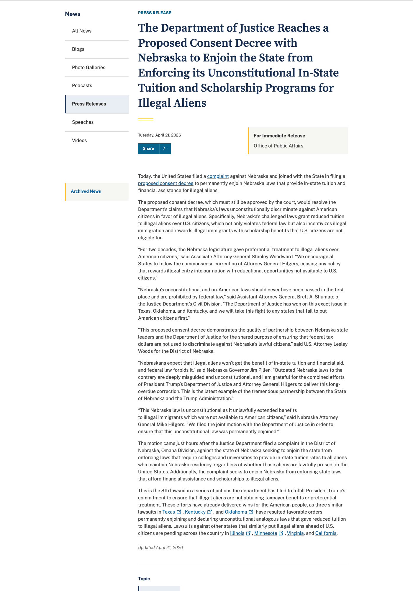 Nebraska Joins DOJ to Nullify Its Own 2006 In-State Tuition Law for Undocumented Students in Joint Consent Decree