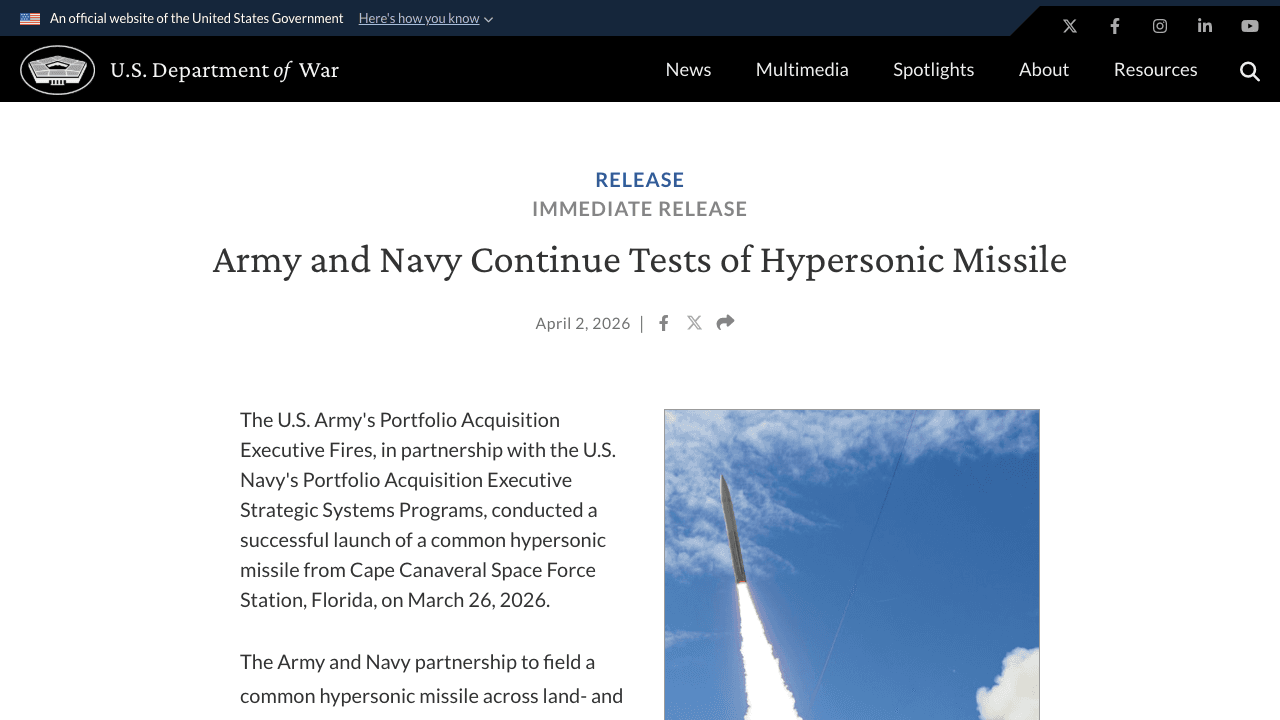 Army and Navy Pull Off a Third Successful Joint Dark Eagle / CPS Hypersonic Test From Cape Canaveral