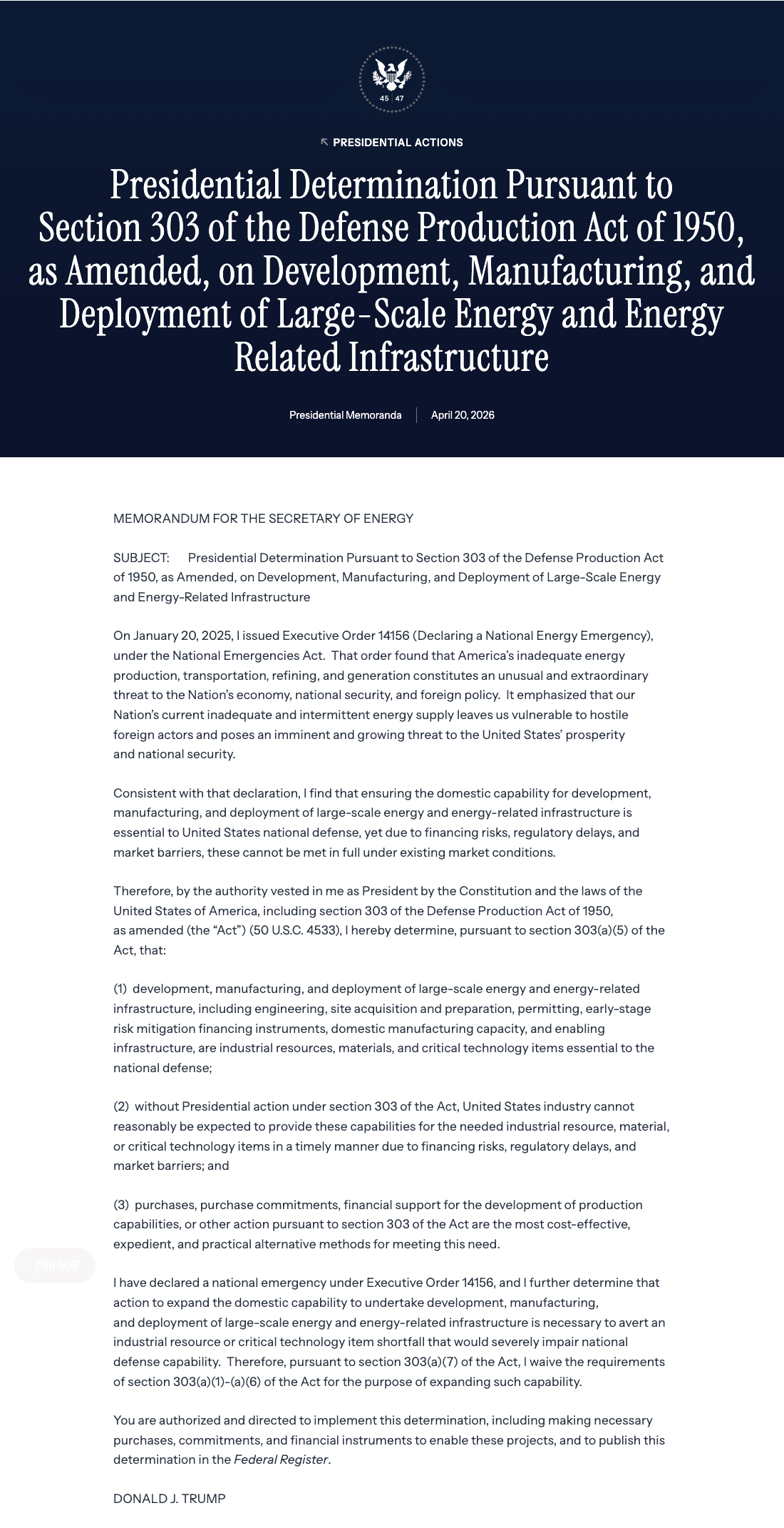 Trump Invokes Defense Production Act Across Oil, Gas, Coal, LNG, and the Grid in Five Simultaneous Determinations