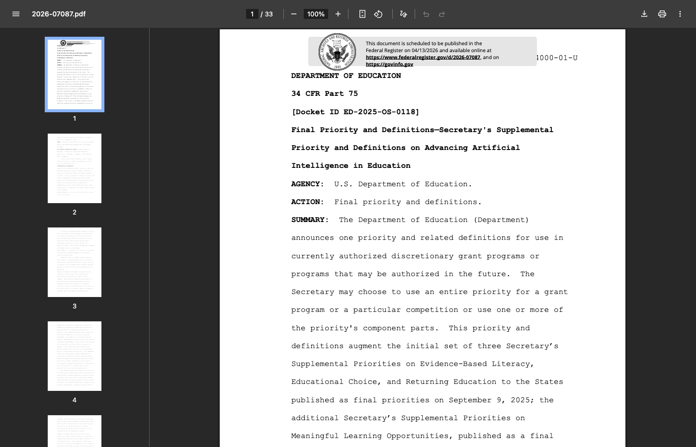 Education Secretary McMahon Makes AI a Formal Grant-Selection Priority Across Department Discretionary Programs