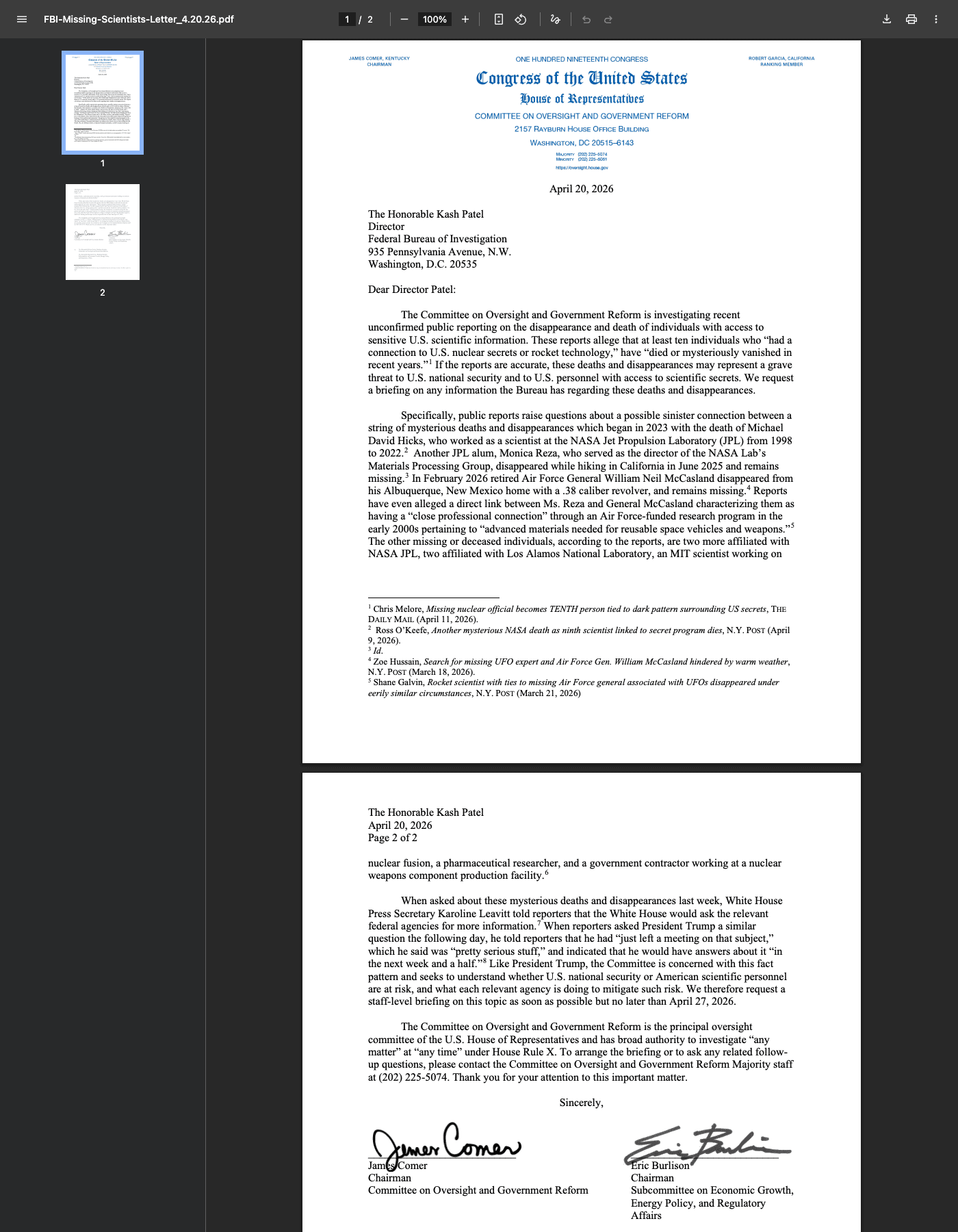 House Oversight Demands FBI Briefing on Dead and Missing Scientists With Classified-Access Ties, Cites JPL, Los Alamos, MIT Cases