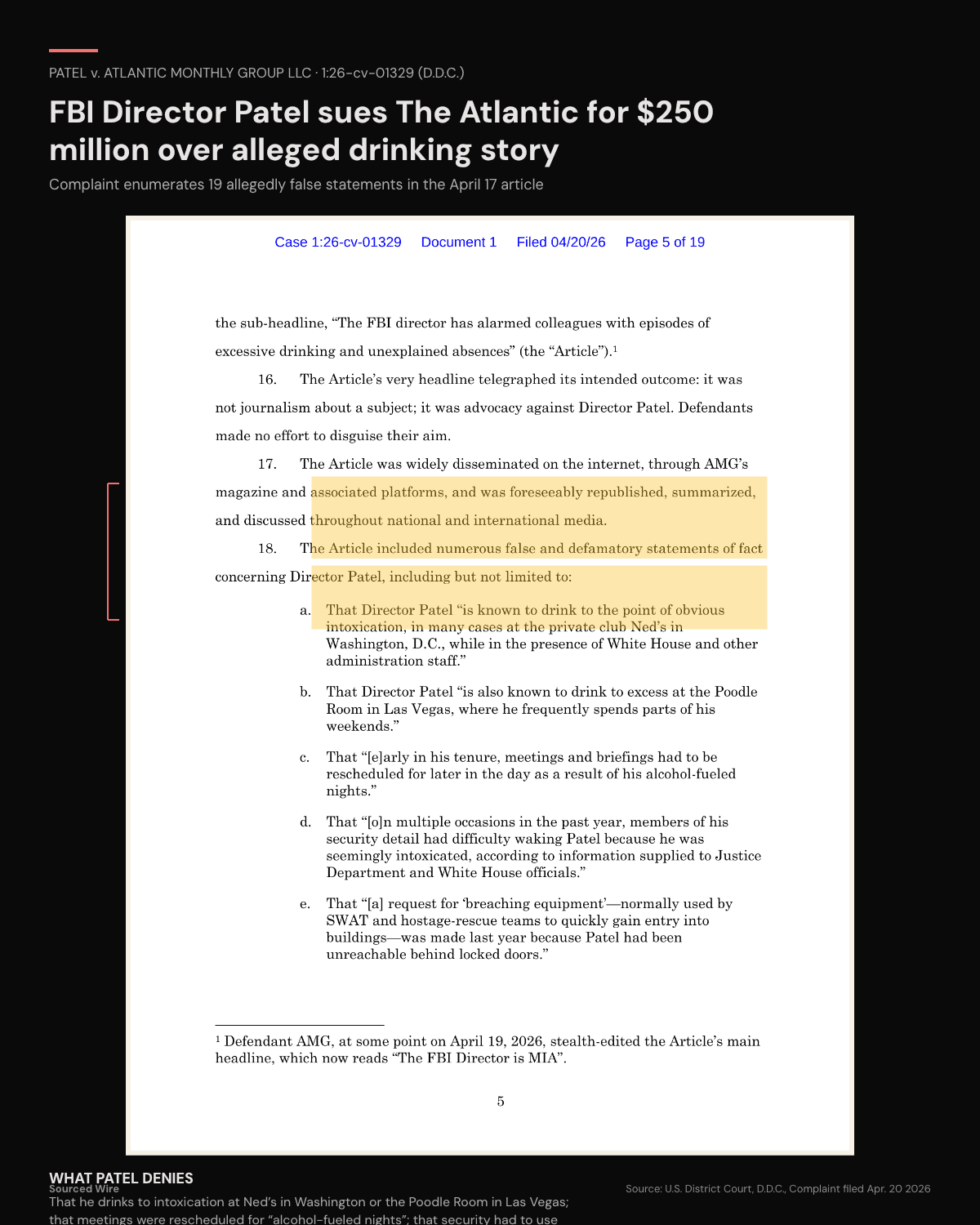 FBI Director Patel sues The Atlantic for $250 million over article alleging heavy drinking