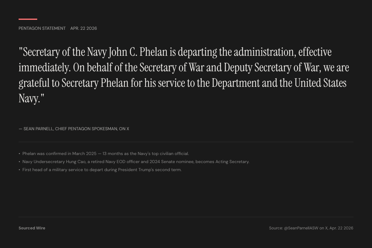 Navy Secretary John Phelan Out 'Effective Immediately' After 13 Months; Hung Cao Becomes Acting SECNAV