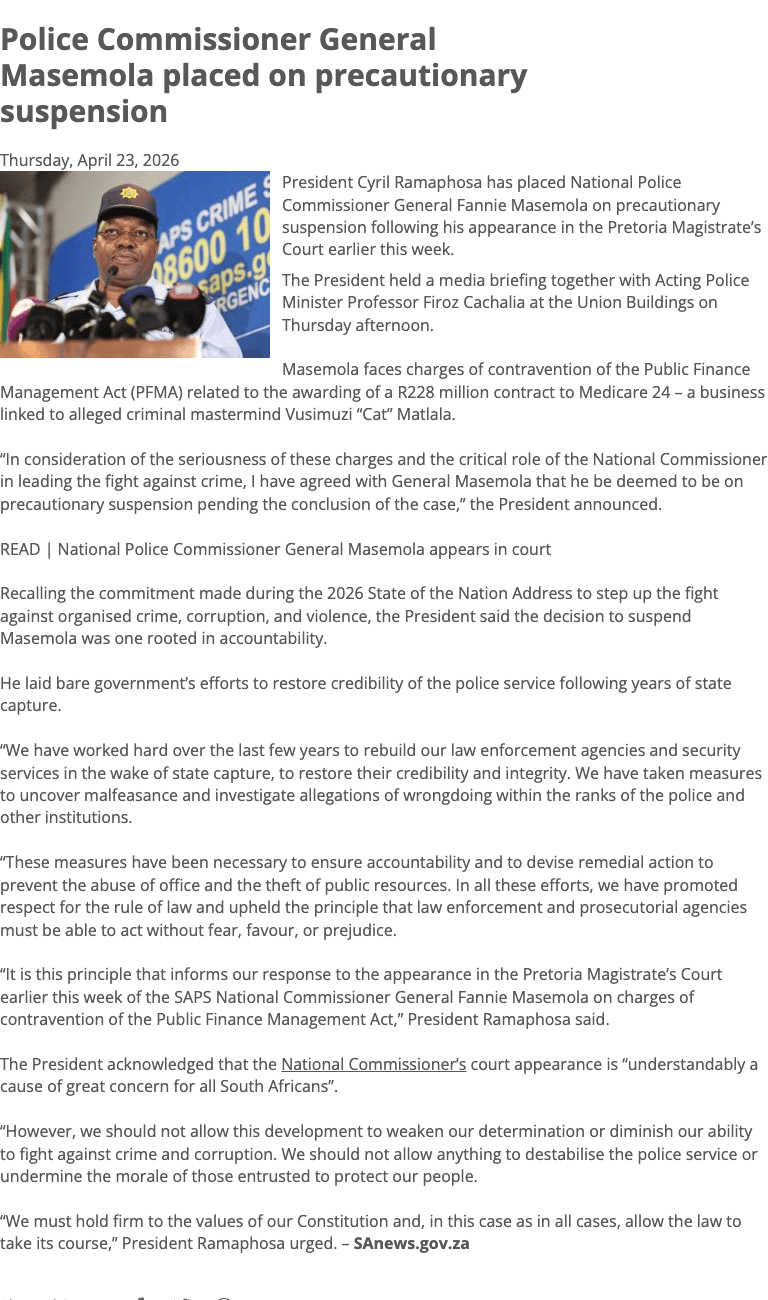 Ramaphosa Suspends SAPS Commissioner Masemola After Court Charges Over R228 Million Medicare 24 Contract Linked to Alleged Crime Figure