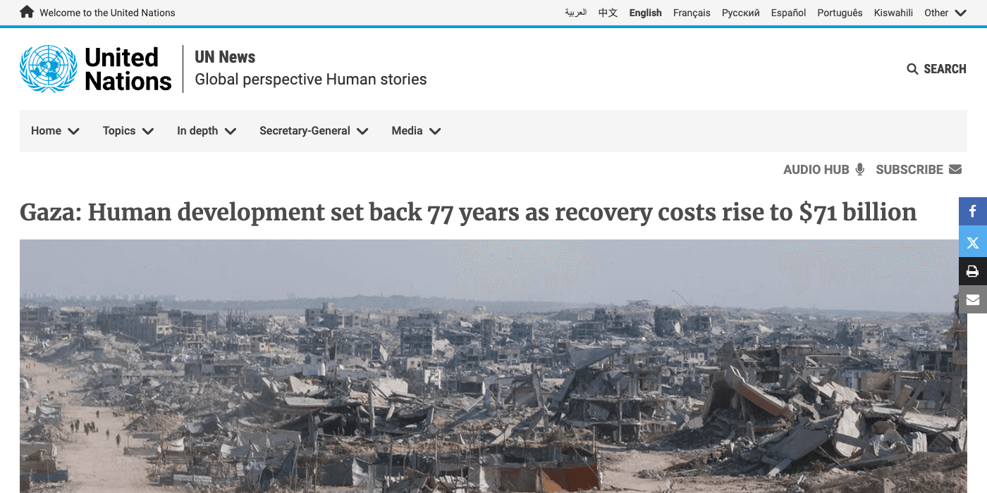Joint UN-EU-World Bank Assessment Puts Gaza Reconstruction at $71.4 Billion Over Ten Years; Human Development Set Back 77 Years