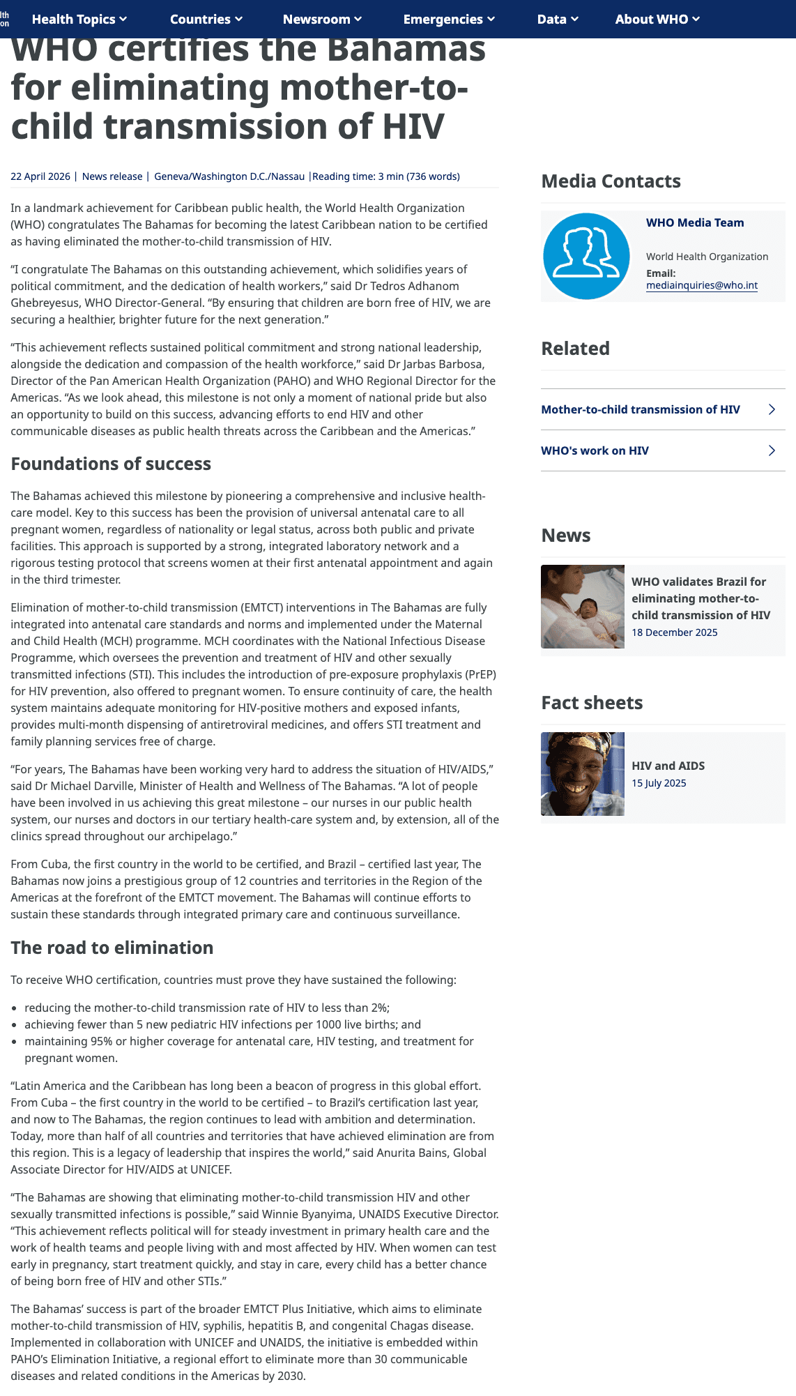 WHO Certifies Bahamas as 12th Country in the Americas to Eliminate Mother-to-Child HIV Transmission