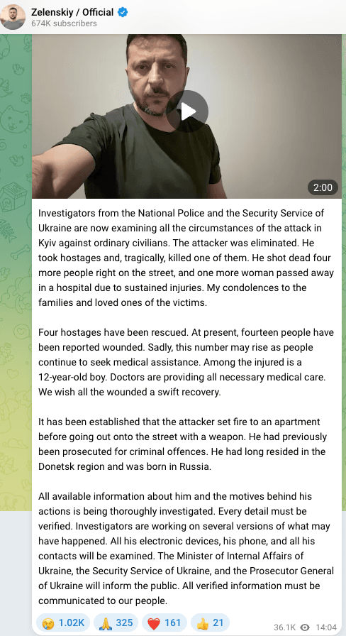 Gunman Born in Russia Kills Six in Kyiv Supermarket Attack; Investigators Examining 'Several Versions,' Zelenskyy Says